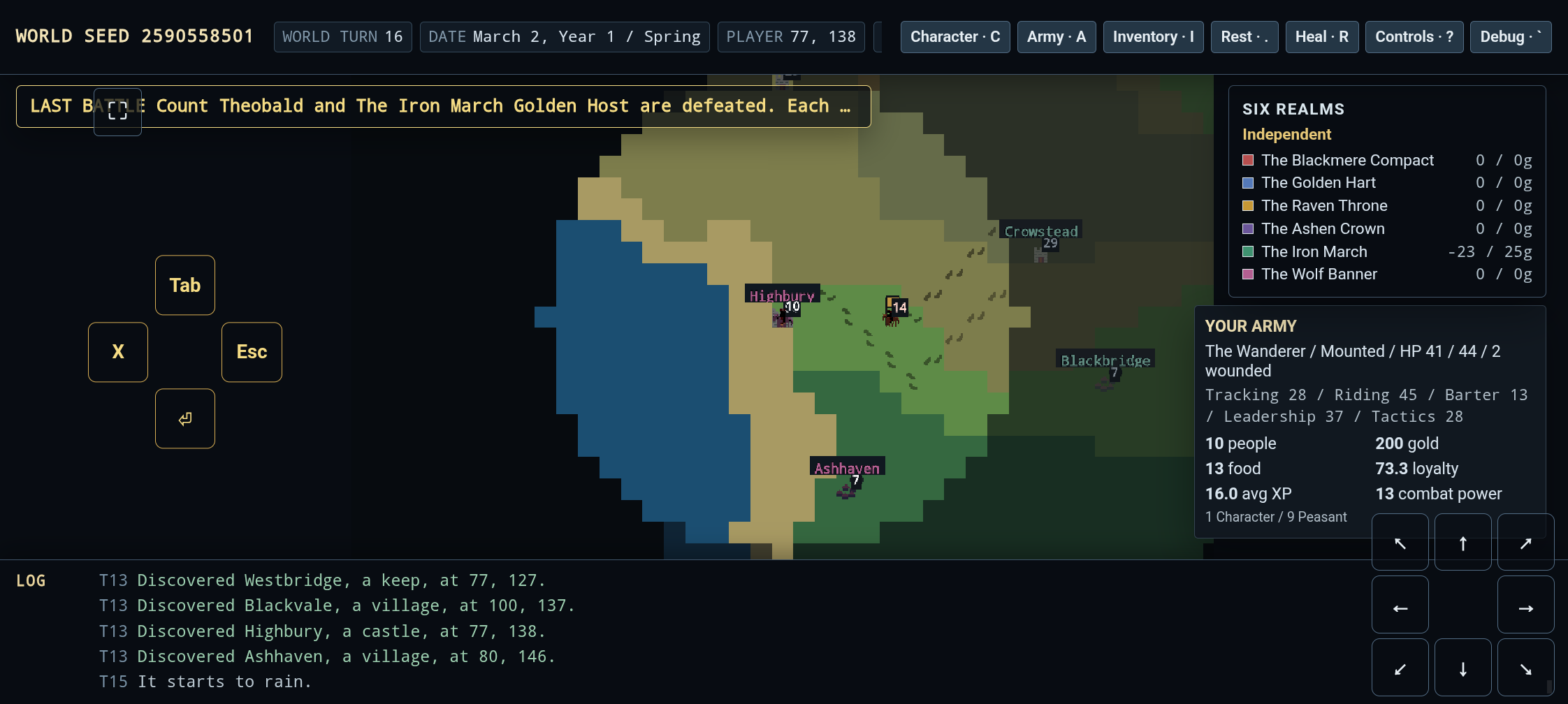 The world map with mobile touch controls overlaid: a D-pad docked into the log panel and a diamond of Tab/X/Escape/Enter buttons
