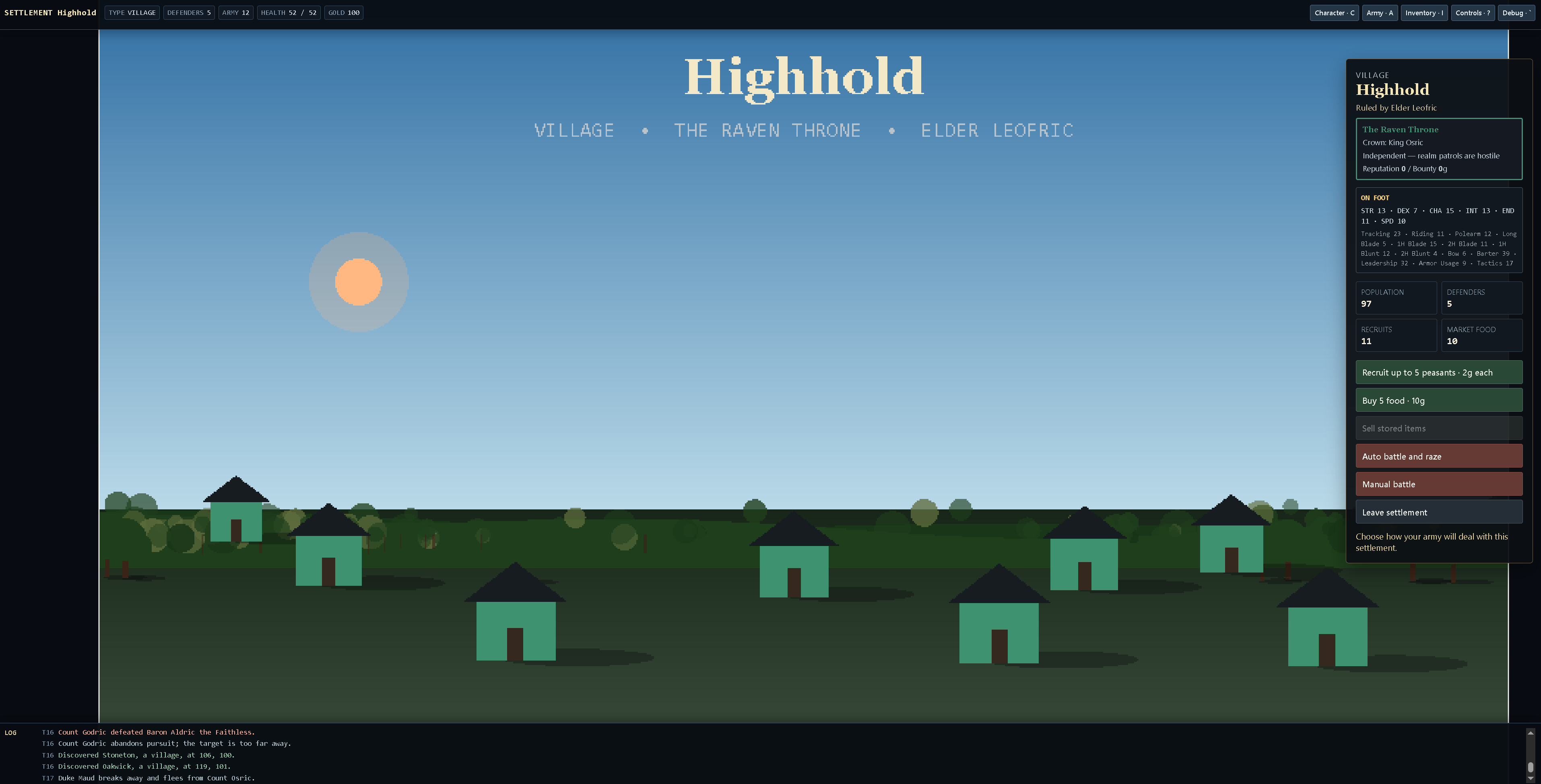 The village of Highhold, showing thatched-roof huts under a forced-perspective ground plane