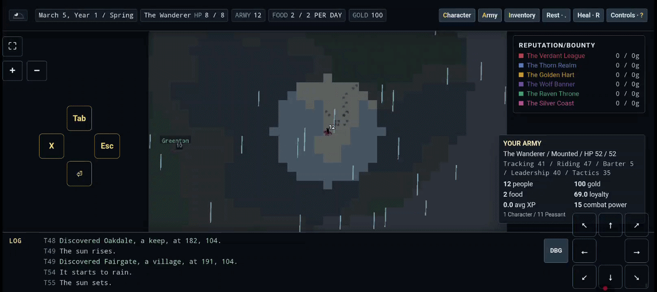 Animated GIF of rain falling at a slight angle and haze building up around the player on the overworld map as the weather turns stormy